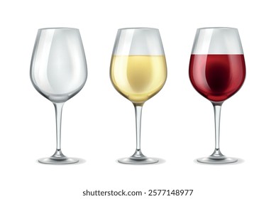 Set of wine glasses with red and white wine. Realistic transparent glassware for alcohol grape beverage, cocktails. Empty and full goblets with red and white cold drinks. Vector 3d concept