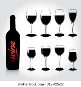 Set of wine glasses silhouettes with reflection. Silhouettes suitable for other drinks. Icon vector