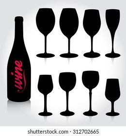 Set of wine glasses silhouettes with reflection. Silhouettes suitable for other drinks. Icon vector