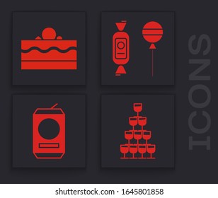 Set Wine glasses stacked in a pyramid tower , Cake , Lollipop  and Beer can  icon. Vector
