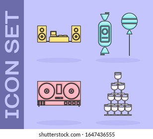 Set Wine glasses stacked in a pyramid tower , Home stereo with two speakers , DJ remote for playing and mixing music  and Lollipop  icon. Vector