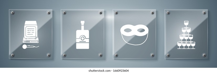 Set Wine Glasses Stacked In A Pyramid Tower , Festive Mask , Whiskey Bottle  And Karaoke . Square Glass Panels. Vector