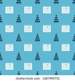 Set Wine glasses stacked in a pyramid tower  and Detailed calendar  on seamless pattern. Vector