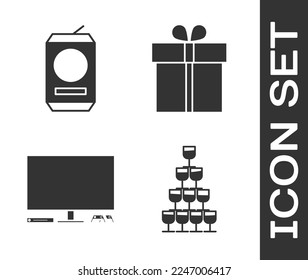 Set Wine glasses stacked in a pyramid tower , Beer can , Video game console  and Gift box  icon. Vector