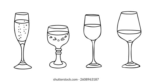 Set of Wine Glasses. White and Red, Champagne or Sparkling Wine Glassware, Roman Glass. Hand drawn Vector illustration, line art, Doodle style. For Bar menu, logo, cards.
