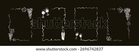Set of wine, grape, vine whimsical hand drawn sketch frames chalk drawing on the blackboard. Wineglass, bottle crayon, charcoal, paint brush, pastel illustration. Vintage border on the chalkboard