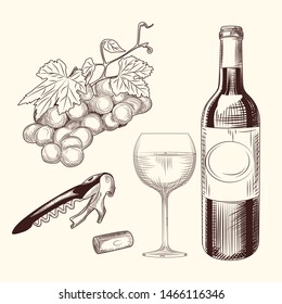 Set of wine. Hand drawn of wine glass, bottle, wine cork, corkscrew and grapes. Engraving style. Isolated objects. Vector illustration