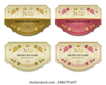 Set of wine horizontal labels. Vector set of  labels for wine with bunches of grapes and crown. Design of the wine logo. Vector illustration.