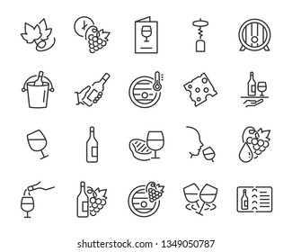 set of wine icon, such as grape, cheese, barrel, bottle, glass