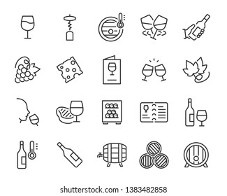 set of wine icon, such as grape, cheese, barrel, bottle, glass