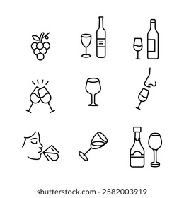 Set of wine icon, such as grape, bottle, glass