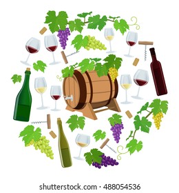 Set of wine icons in circle shape background. Template for packaging, cards, posters and menu. Vector stock illustration.