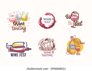 Set of Wine Icons or Labels with Barrel, Grape Vine, Wineglasses and Bottles Isolated on White Background. Emblems for Festival, Alcohol Drink Tasting, Bar or Restaurant Promo. Vector Illustration