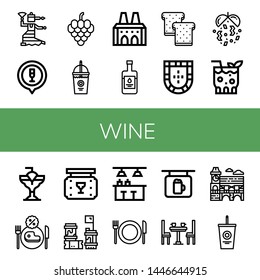 Set of wine icons such as Flamenco, Cocktail, Grapes, Smoothie, National palace of sintra, Balsamic vinegar, Toast, Portugal, Confetti, Restaurant, Bar, Barrels, Dinner table , wine