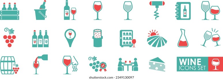 Set of wine icons, such as grape, cheese, barrel, bottle, and glass. Vector Solid icon style.