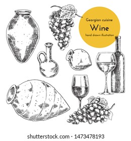 Set of wine illustrations for menu design. sketch bottle, qvevri and a glass of wine. hand drawn illustration of qvevri wine vessel