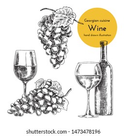 Set of wine illustrations for menu design. sketch bottle and glass of wine. hand drawn illustration of a vessel for wine, bunch of grapes