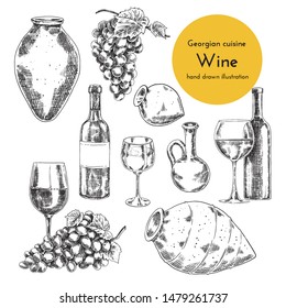 Set of wine illustrations for menu design. sketch bottle, qvevri and a glass of wine. hand drawn illustration of wine