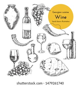 Set of wine illustrations for menu design. sketch bottle, qvevri and a glass of wine. hand drawn illustration of wine