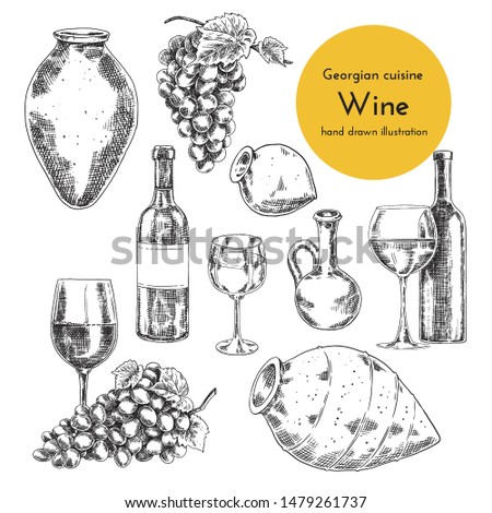 Set of wine illustrations for menu design. sketch bottle, qvevri and a glass of wine. hand drawn illustration of wine