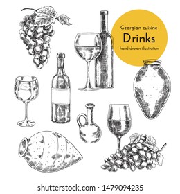 Set of wine illustrations. sketch bottle, qvevri and a glass of wine. hand drawn illustration for the wine menu