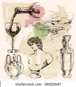 Set with wine image, jugs, bust and winery on vintage background