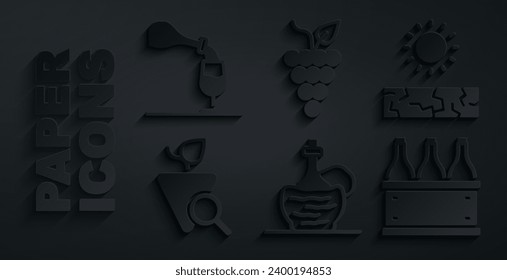 Set Wine in italian fiasco bottle, Drought, Grapes, Bottles of wine box, Bunch grapes and tasting, degustation icon. Vector