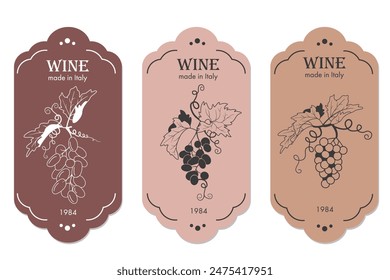 Conjunto de diseños de etiquetas de vino diseño minimalista y moderno en tonos polvorientos. Imagen de racimos de uva