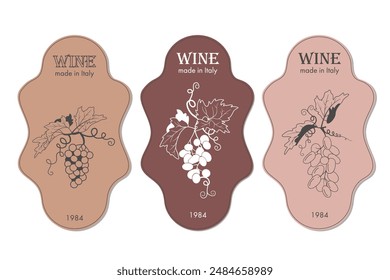 set of wine label designs minimalistic and modern design in powdery shades. Image of grape bunches