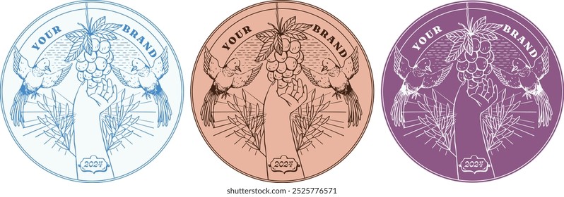 Set of wine label designs minimalistic and modern design in engraved style. Image of grape bunches, bird and vintage line
