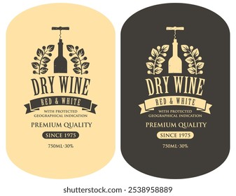 set Wine labels with bottle with corkscrew and inscriptions in retro style. Vector hand-drawn label on black background