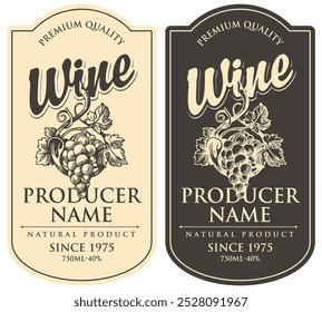 set Wine labels with a bunch of grapes and inscriptions in retro style. Vector hand-drawn label on black and white background