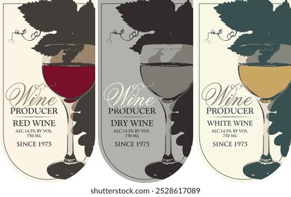 set wine labels with bunches of delicious red and white grapes and wine glass on white and silver backgrounds. Vector illustration. Collection of quality wines