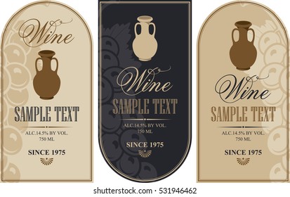 set of wine labels with a clay jug and bunch of grapes