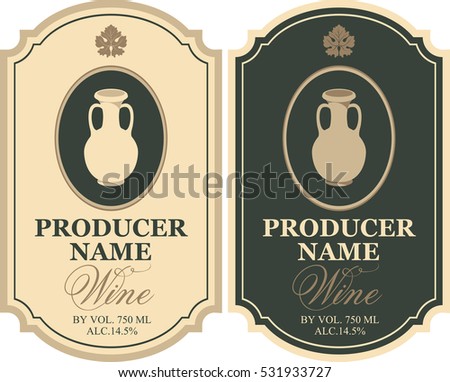 set of wine labels with a clay jug