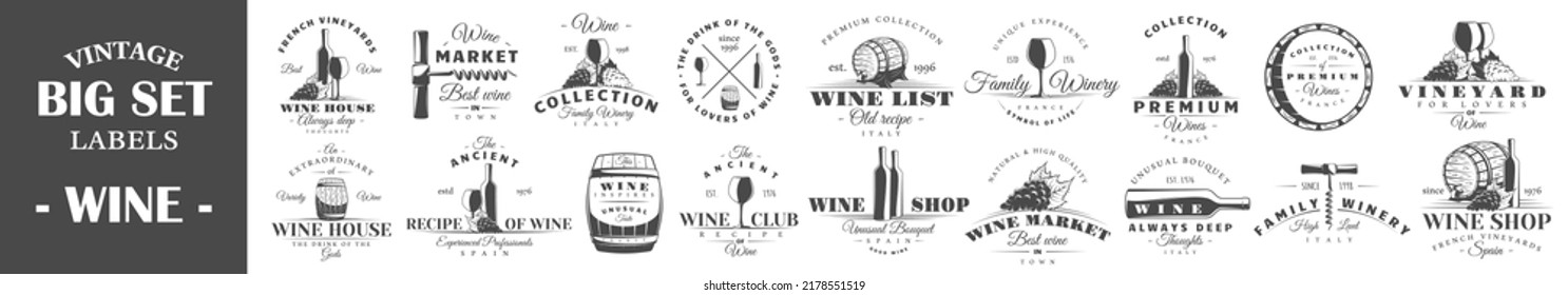 Set of wine labels. Elements for design on the wine theme. Collection of wine symbols: grape, bottle, barrel. Vector illustration