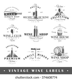 Set of wine labels. Elements for design on the wine theme. Collection of wine symbols: grape, bottle, barrel. Modern labels of wine. Emblems and logos of wine. Vector illustration 