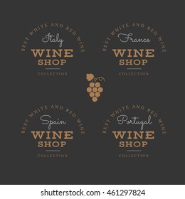 Set of wine labels. Elements for design on the wine theme. Collection of wine symbols: grape, bottle. Modern labels of wine. Emblems and logos of wine. Vector illustration.