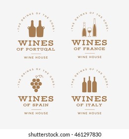 Set of wine labels. Elements for design on the wine theme. Collection of wine symbols: grape, bottle. Modern labels of wine. Emblems and logos of wine. Vector illustration.