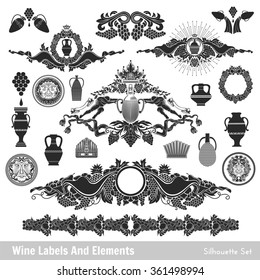 set of wine labels and elements. Isolated black on white