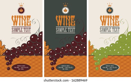 Set of wine labels with grapes in a basket