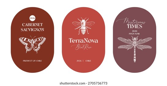Conjunto de etiquetas de vino con ilustraciones de insectos
