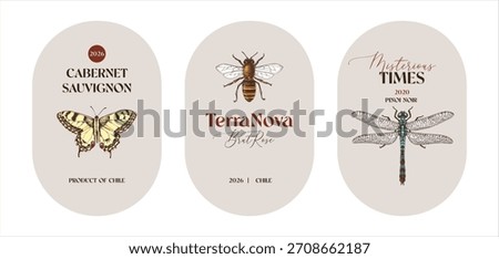 Set of wine labels with insect illustrations