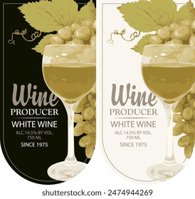 set wine labels with realistic bunches of delicious green grapes and wine glas on black and white backgrounds. Vector illustration. Collection of quality wines