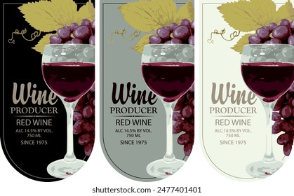 set wine labels with realistic bunches of delicious red grapes and wine glas on black, white and silver backgrounds. Vector illustration. Collection of quality wines