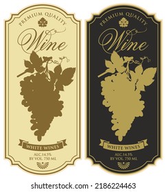 Set of wine labels with silhouettes of grape bunches and inscriptions on a beige and black backgrounds in a figured frames. Vector monochrome labels in retro style. Wine collection premium quality