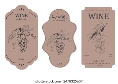 set of wine labels of various shapes. Minimalistic modern design on a craft background. Image of bunches of grapes