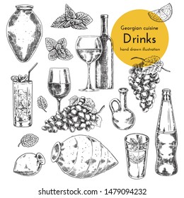 Set of wine and lemonade illustrations. sketch bottle, qvevri, glass of wine and lemonade. hand drawn illustration of wine and lemonade