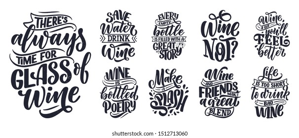 Set of wine lettering compositions in modern style. Alcohol beverage bar drink concept. Vintage typography for prints or posters. Vector illustration.