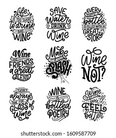 Set of wine lettering compositions in modern style. Alcohol beverage bar drink concept. Vintage typography for prints or posters. Vector illustration.